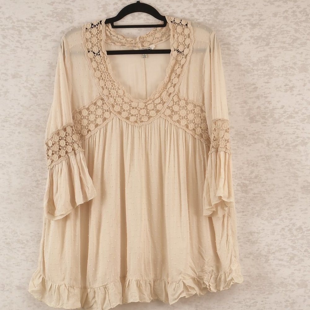 Tantrums Crochet Lace Ruffle Bell Sleeve Bohemian Oversized Peasant Blouse SZ L